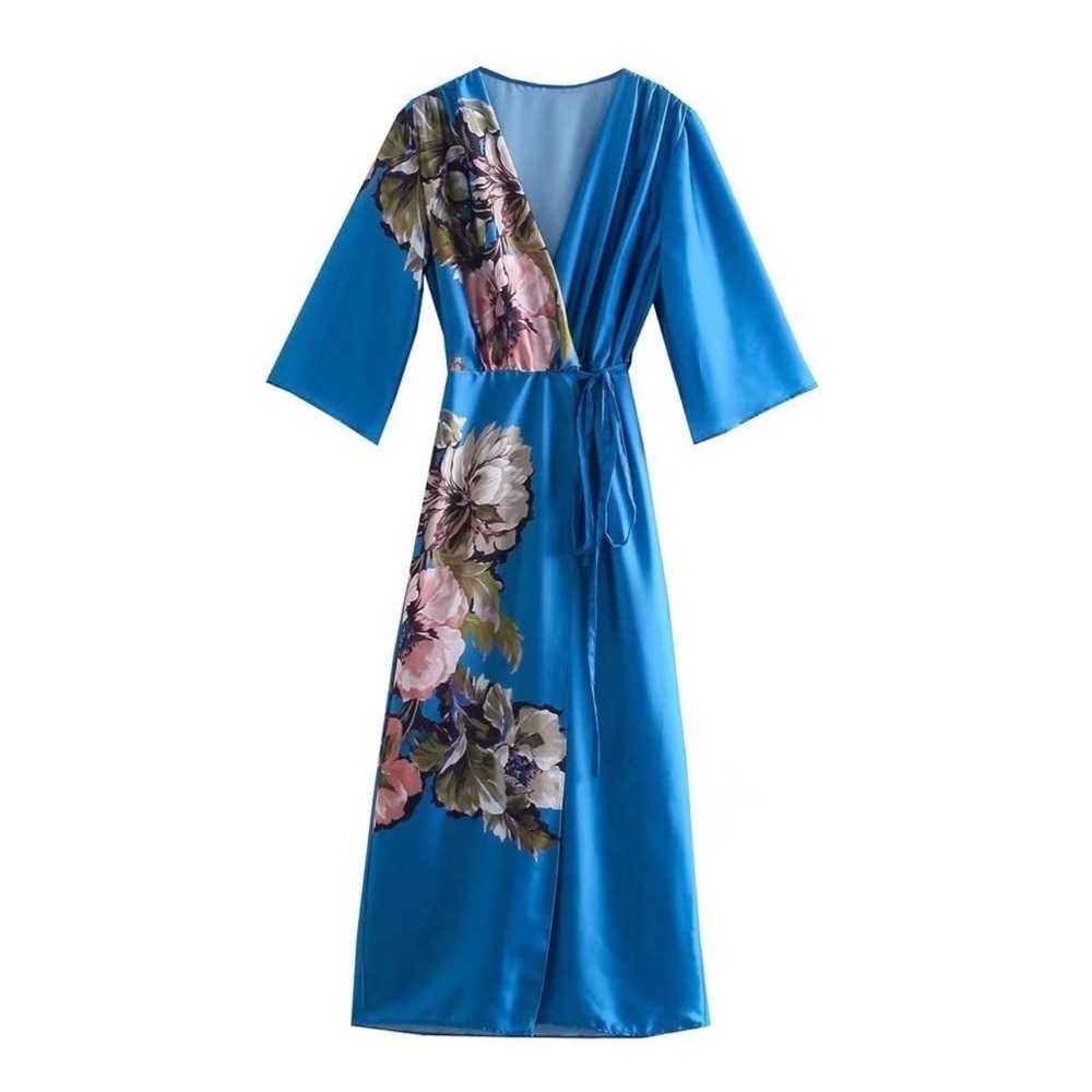 ZARA Blue Floral Satin Wrap Midi Dress with Tie Waist & V-Neck Boho Chic XS